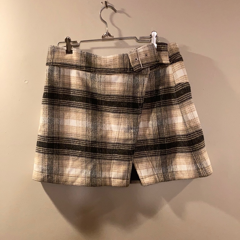 Free People Neutral Plaid Wrap Mini Skirt with Belt
